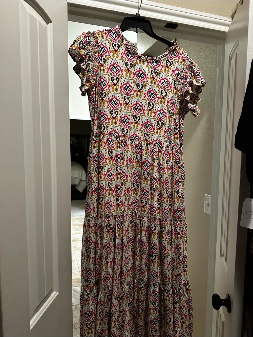St. John's Bay Pink, Gold & Black Printed Tiered Maxi Dress